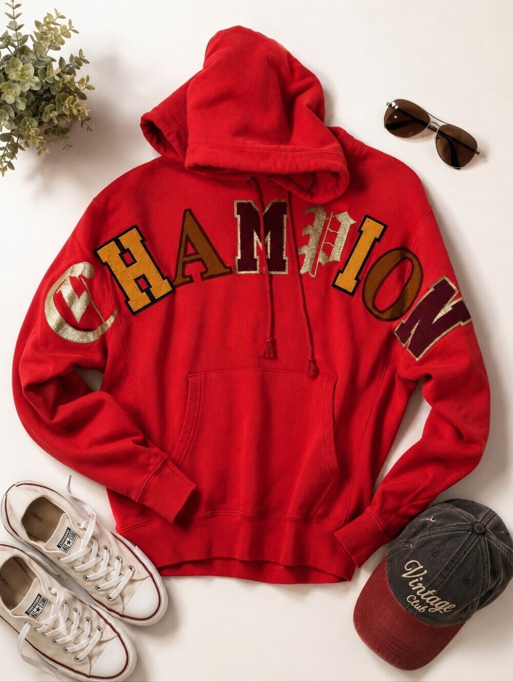 Y2K Champion Varsity Block Letters L Sleeve Collegate Hoodie W Pockets. Mens M